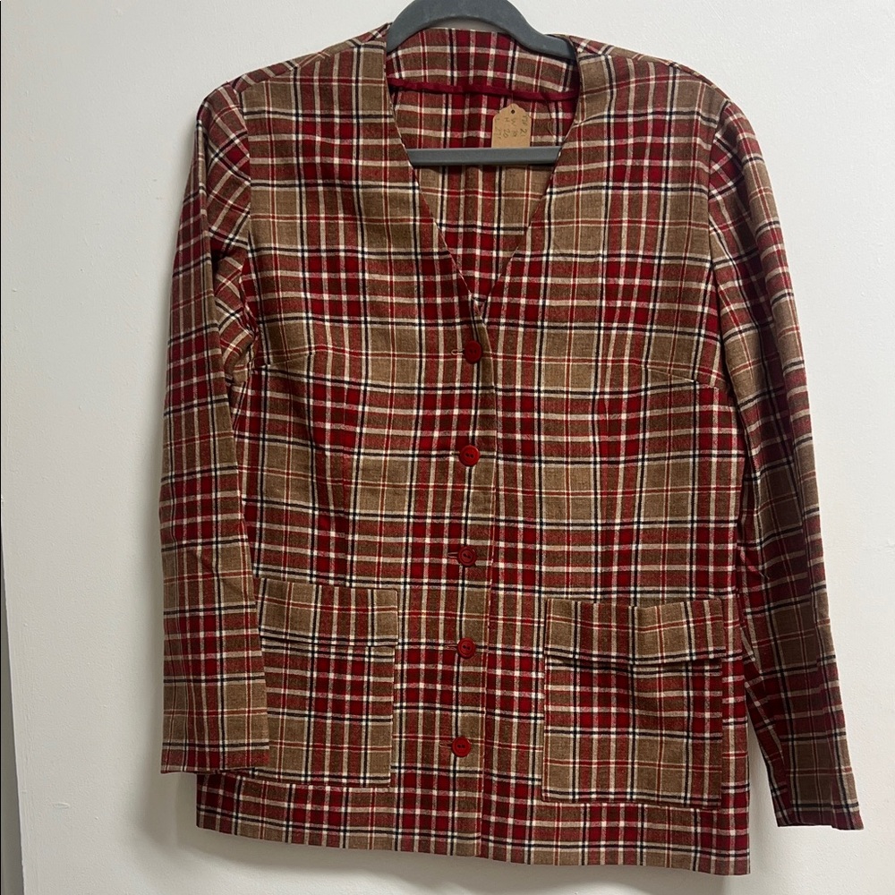 Pendleton Red and Tan Camel Plaid Wool Collarless Blazer Medium Large Vintage